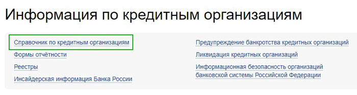 Справочник по кредитным организациям